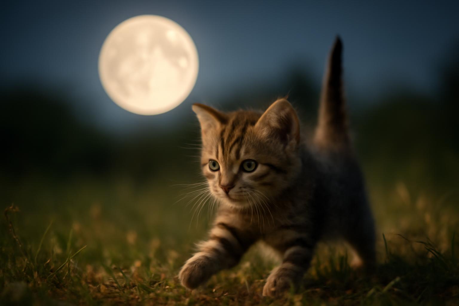 Egy kiscica felfedező úton halad a holdfényben, kíváncsian nézve a világot.