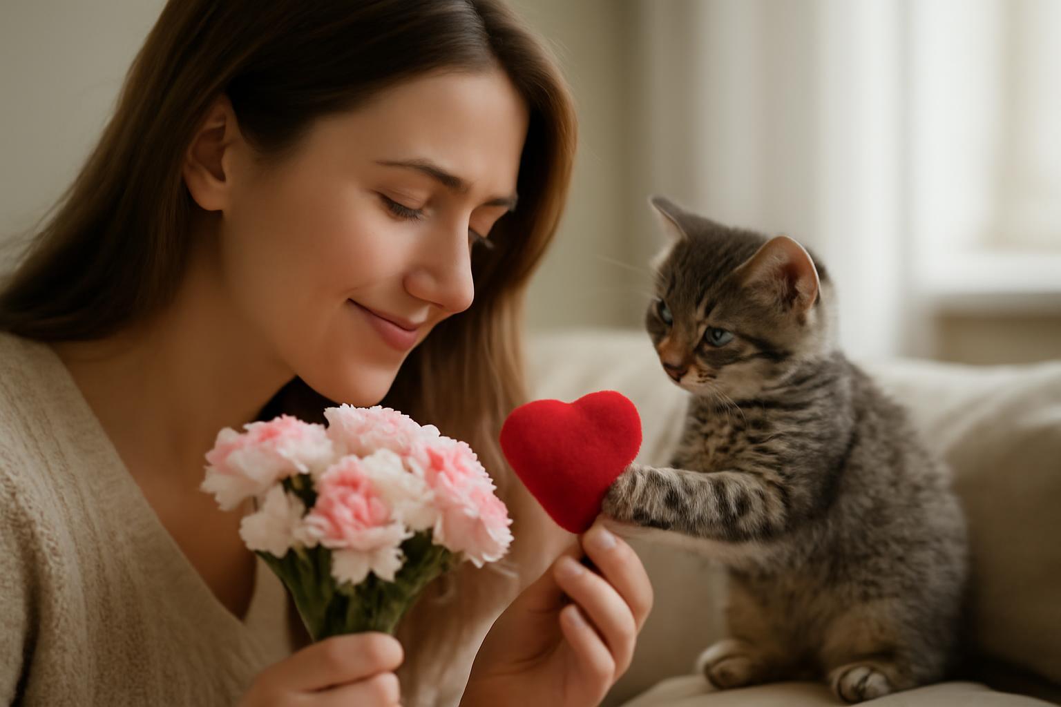 Egy nő mosolyogva nézi a kiscicáját, aki egy piros szív formájú ajándékot hozott.
