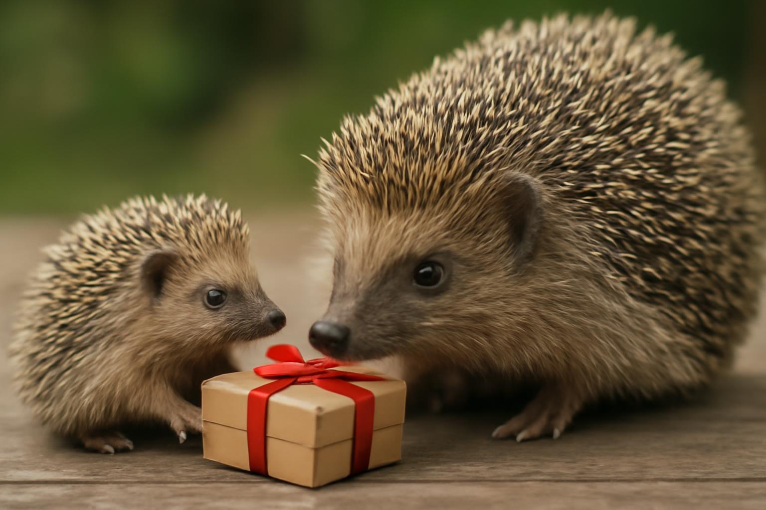 Két sün, egy kicsi és egy nagy, egy ajándékot néznek, ami piros masnival van átkötve.