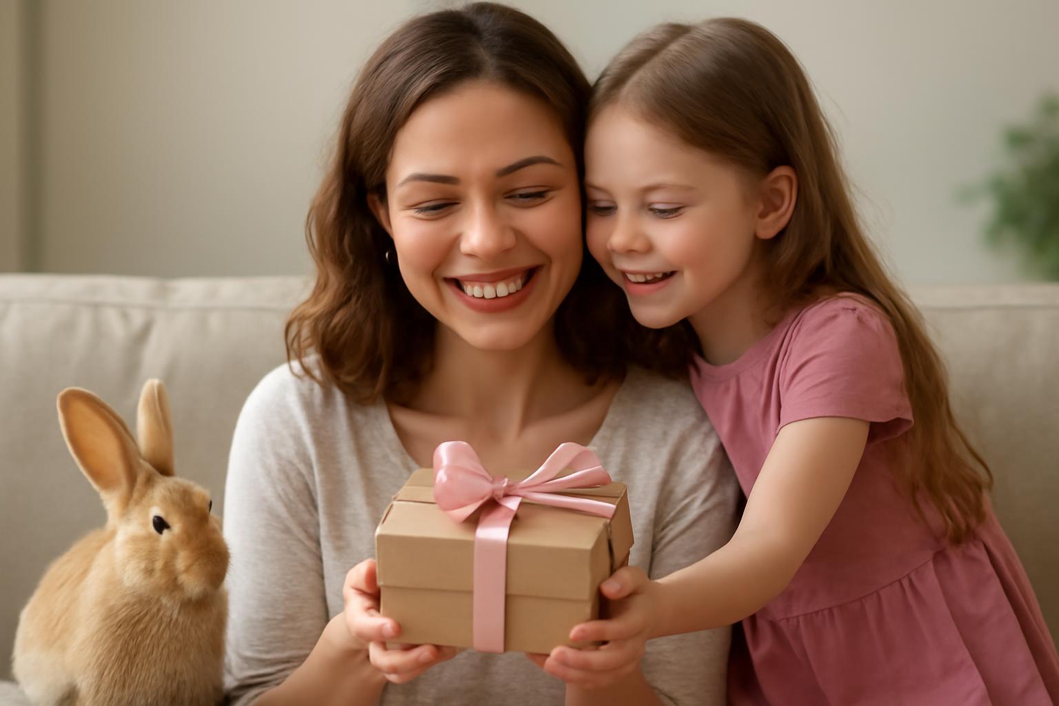 Egy anya és lánya boldogan néznek egy ajándékot, mellettük egy nyuszi ül.