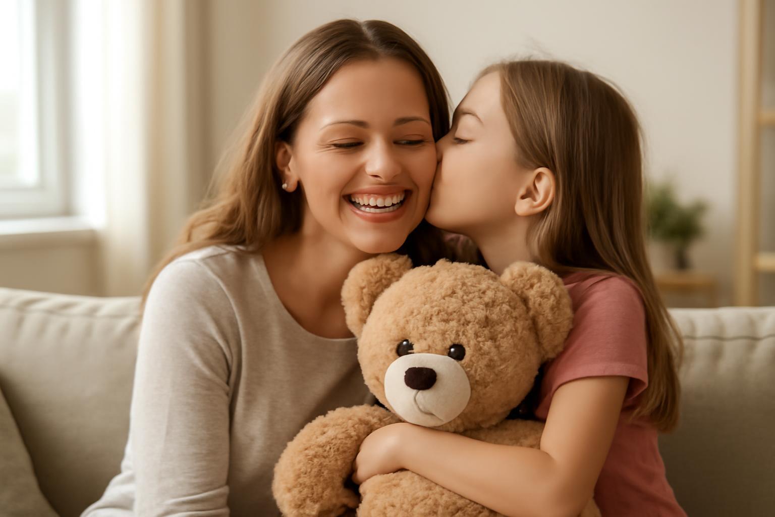 Egy kislány öleli a maciját, miközben édesanyjára mosolyog, boldog pillanatban.