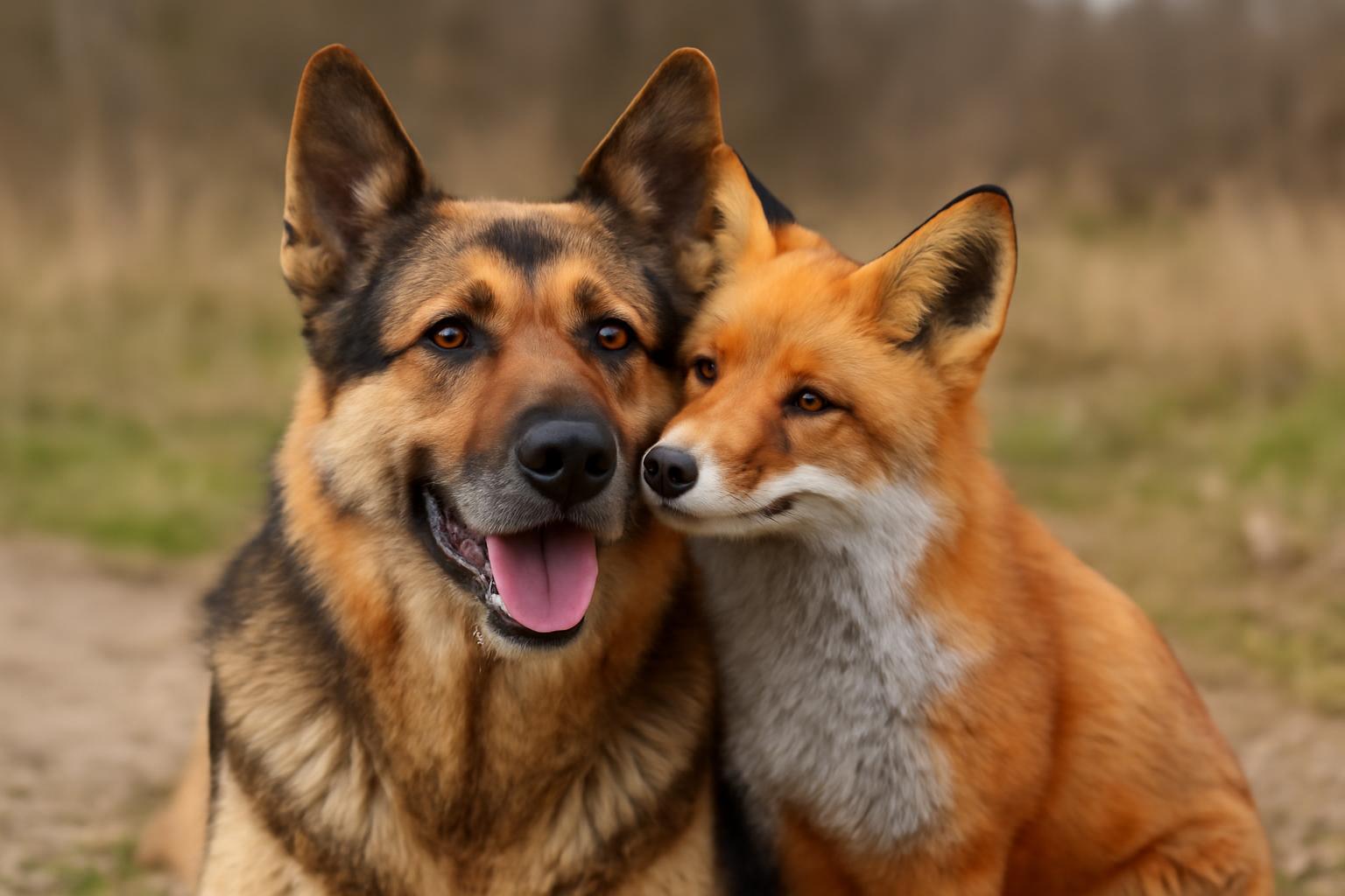 Egy kutya és egy róka barátságosan egymás mellett ülnek a természetben.