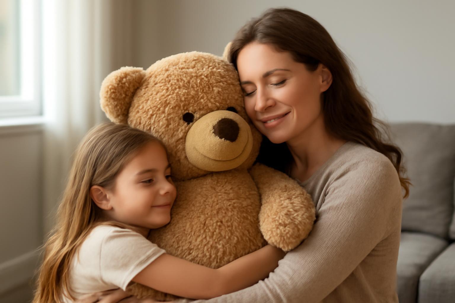 Egy anya és lánya ölelik a puha macit, boldog és szeretetteljes pillanatban.