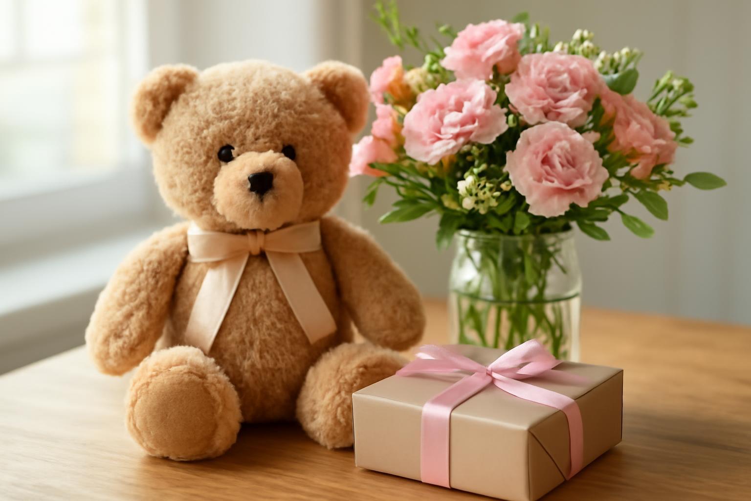 Egy plüssmaci, rózsaszín virágokkal teli vázában és ajándékdobozzal.