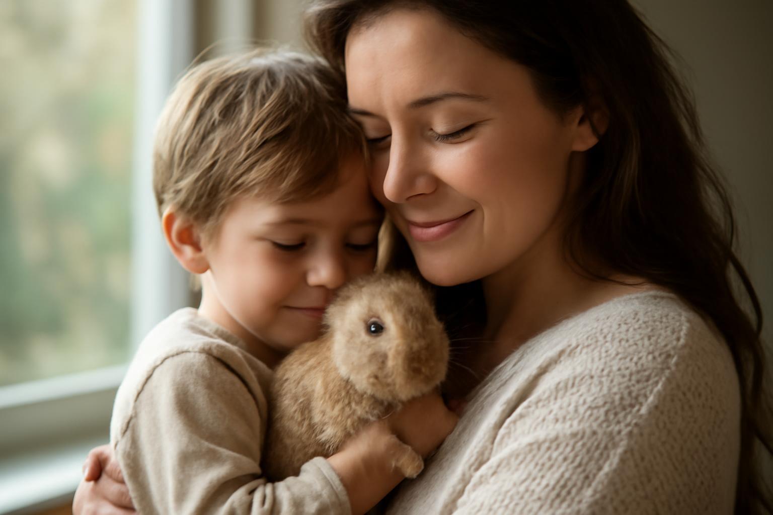 Egy kisfiú öleli a nyusziját, miközben az anyukája mosolyogva néz rájuk.