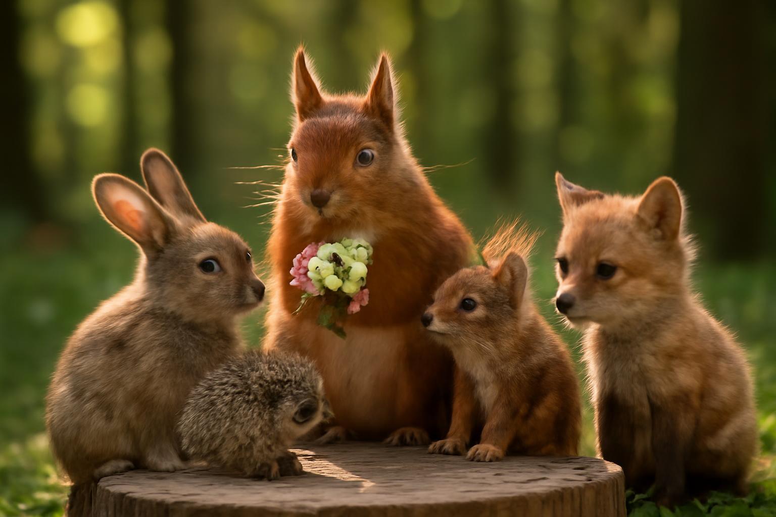 Egy mókus virágcsokrot tart a kezében, körülötte kis nyulak és rókák ülnek az erdőben.
