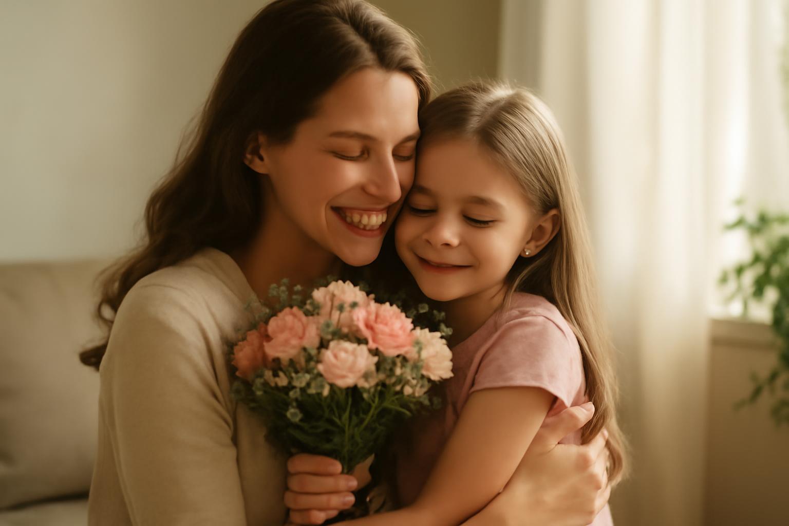 Egy édesanya és kislánya ölelik egymást, virágcsokrot tartva, boldog pillanatban.