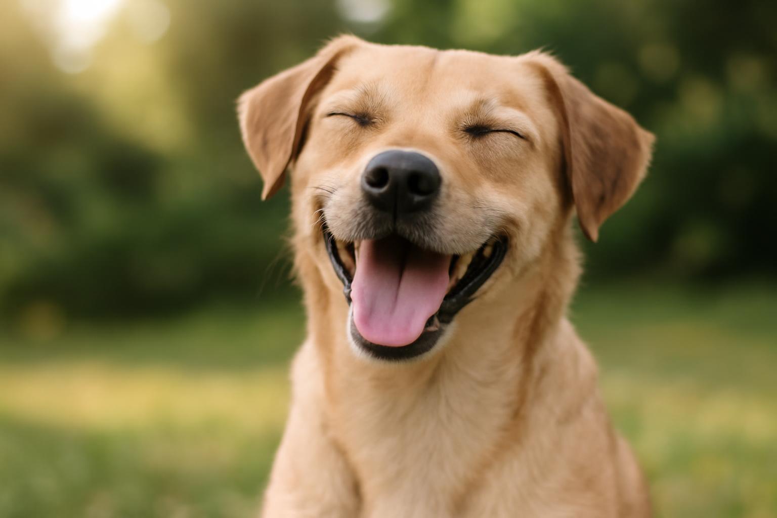 Egy boldog kutya mosolyog, szemei csukva, a zöld fűben ülve.