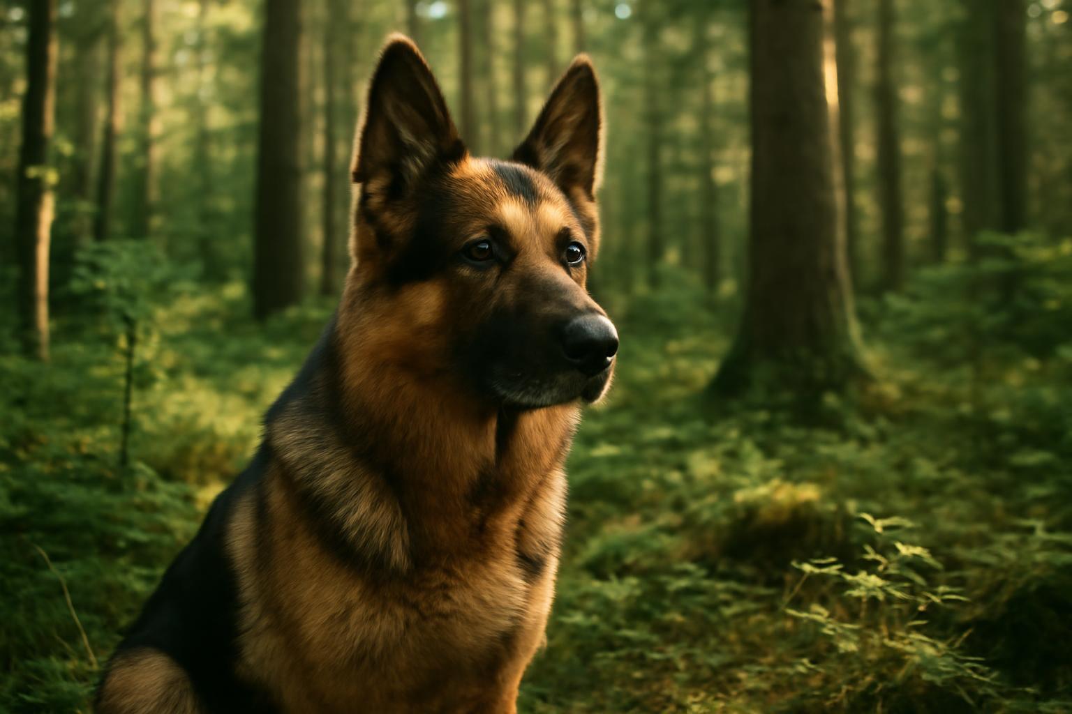 Egy bátor kutya, Morzsi, az erdőben áll, figyelmesen nézve a környezetére.