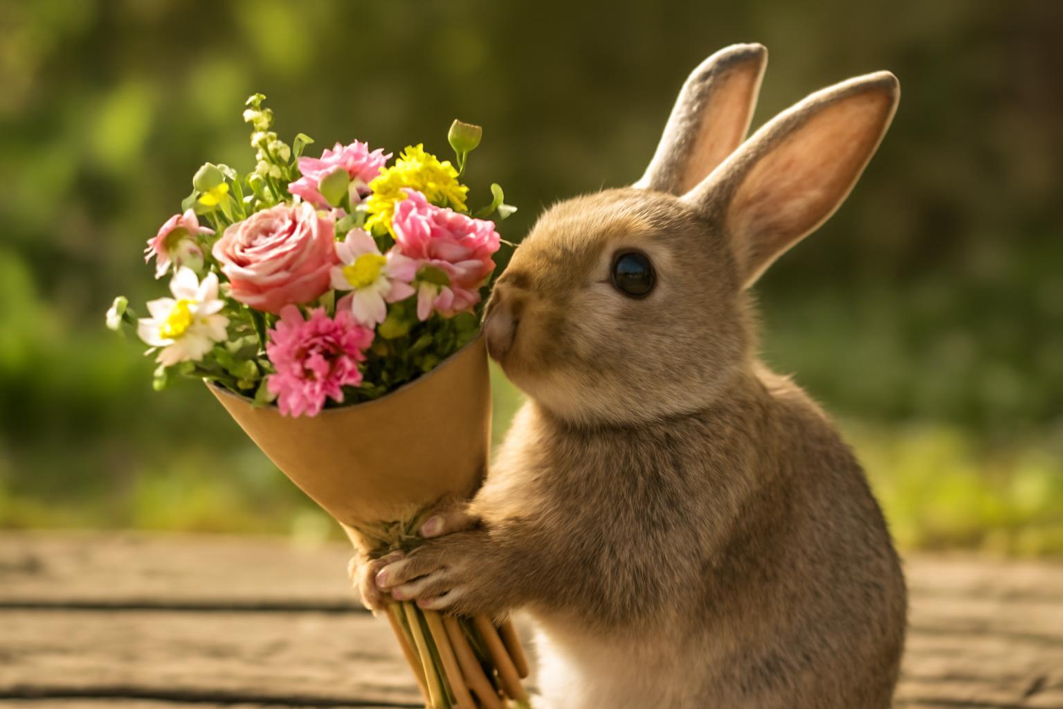 Egy nyuszi virágcsokrot tart a mancsában, mosolygós arccal.