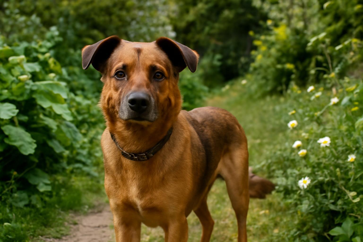Pityu kutya áll a zöldellő kertben, kíváncsian nézve a felfedezésre váró ösvényt.