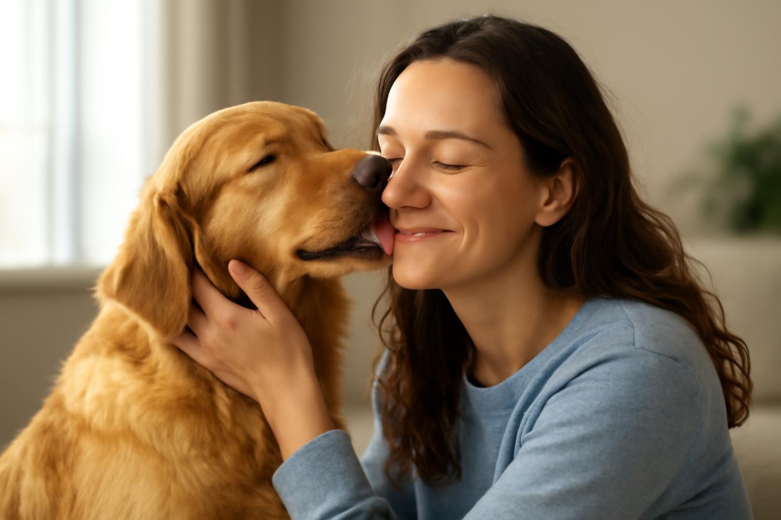 Egy nő és egy arany retriever kutya boldogan néznek egymásra, szeretetteljes pillanatban.