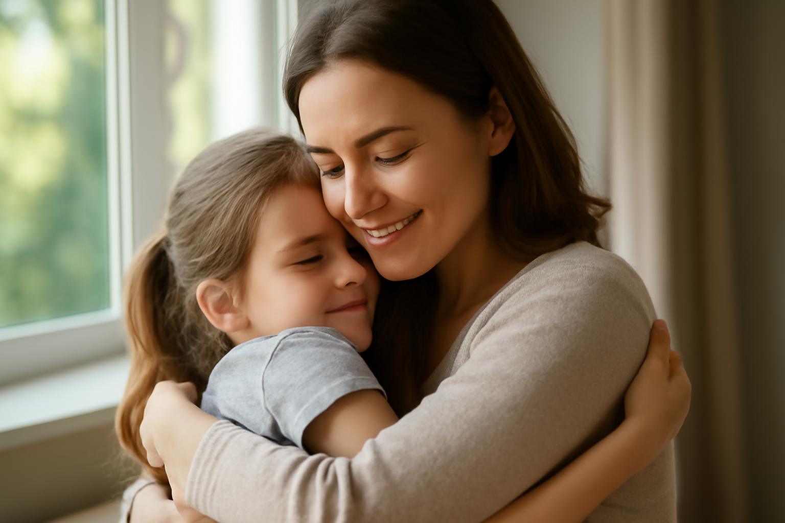 Egy anya és lánya ölelik egymást, mosolyogva, szeretetteljes pillanatban.