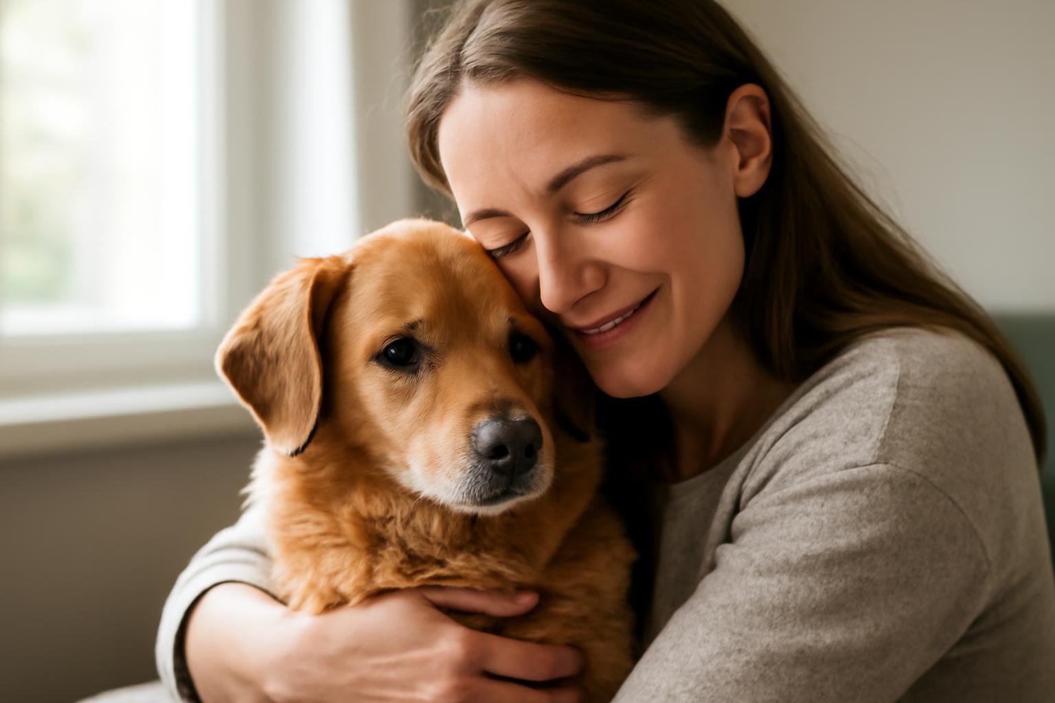 Egy nő öleli a kutyáját, mindketten boldogok és szeretetteljesek.