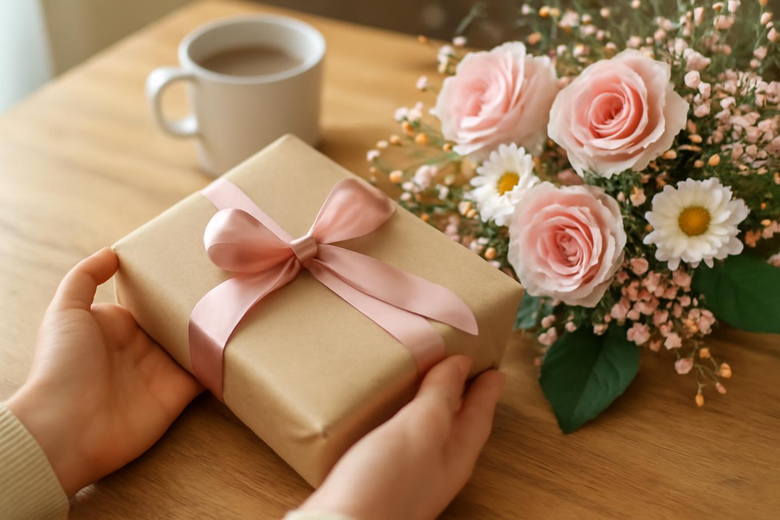 Egy ajándékcsomag rózsaszín szalaggal, virágok és egy bögre mellett.