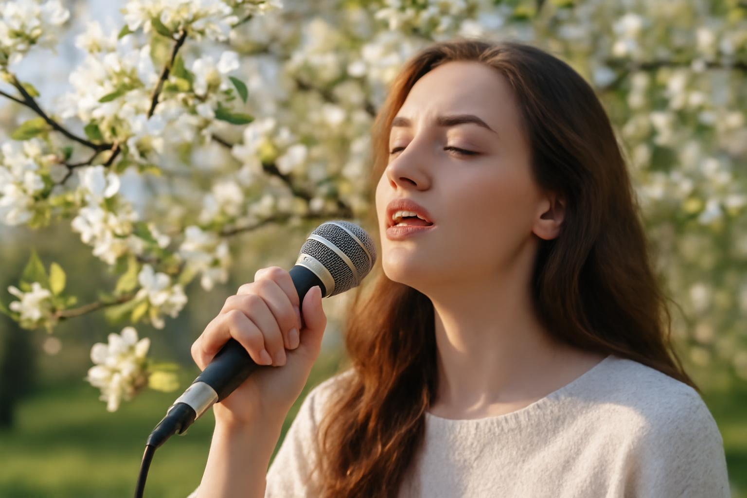 Egy fiatal nő énekel egy mikrofonba, körülötte virágzó fák állnak.