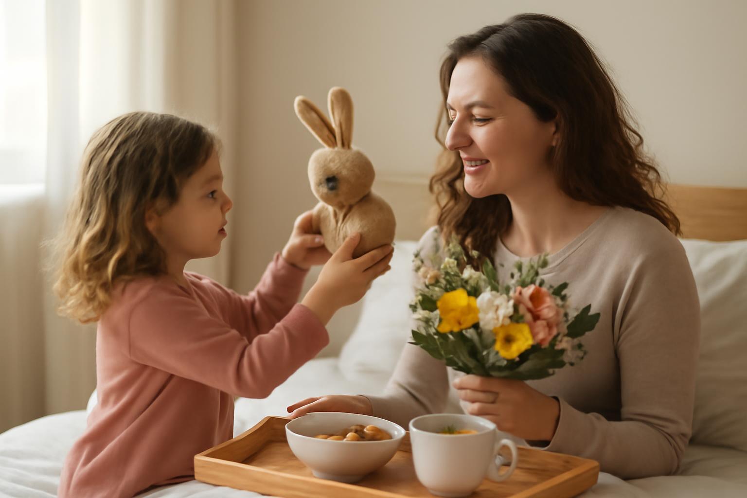 Egy kisgyerek nyuszi plüssjátékot ad át édesanyjának, miközben reggeliznek.