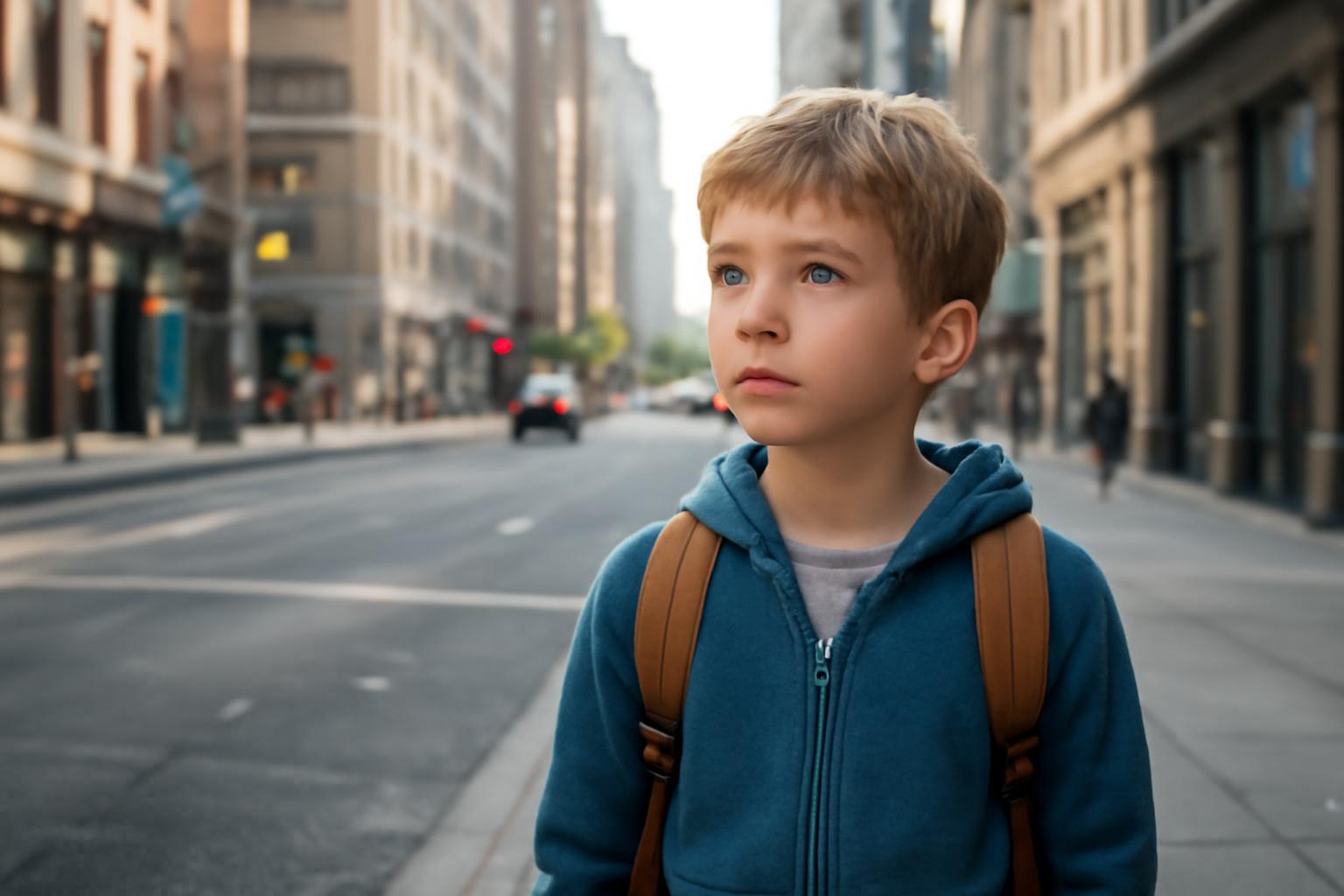 Egy kisfiú a nagyváros utcáján áll, kíváncsian nézve a környezetét.