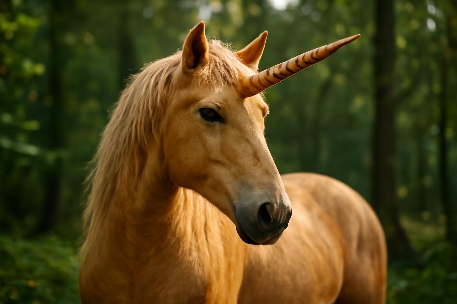 Egy aranyszarvú unikornis áll a zöld erdőben, varázslatos megjelenéssel.