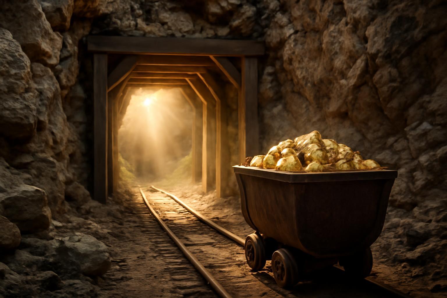 Egy sötét bányatunnel, amelyből fény árad, aranyat szállító kocsi áll a síneken.
