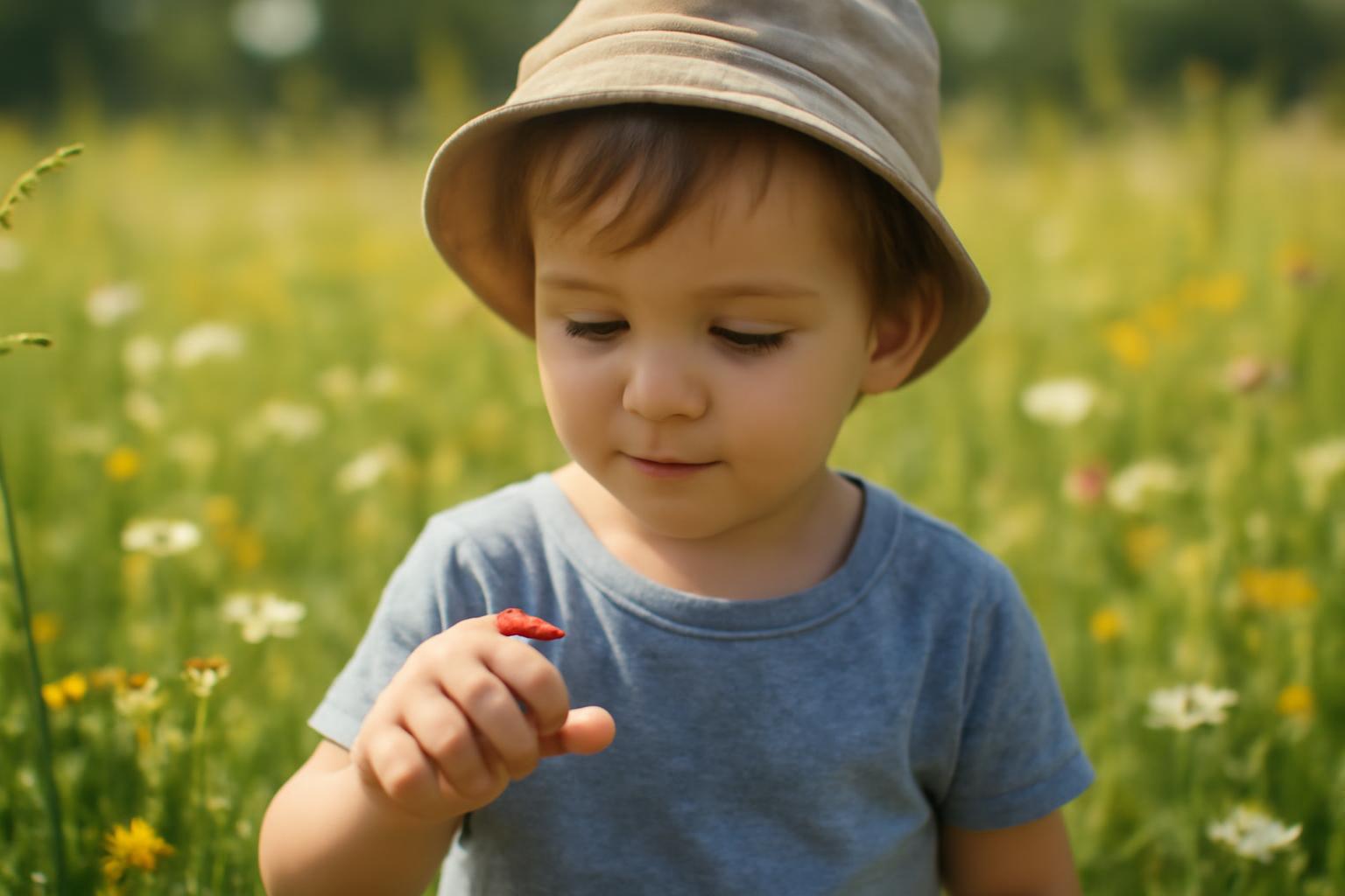 Egy kisfiú a varázsréten áll, kezében egy katica, csodálkozva nézi.