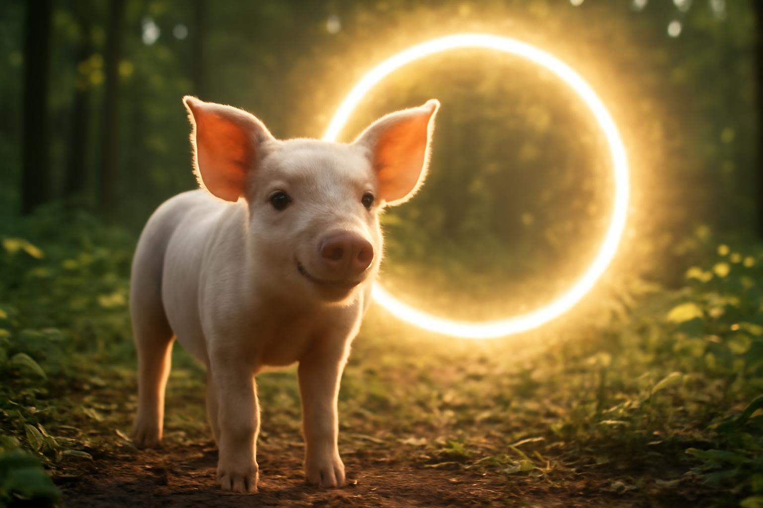 Egy mosolygó malac áll egy fénykapu előtt az erdőben.