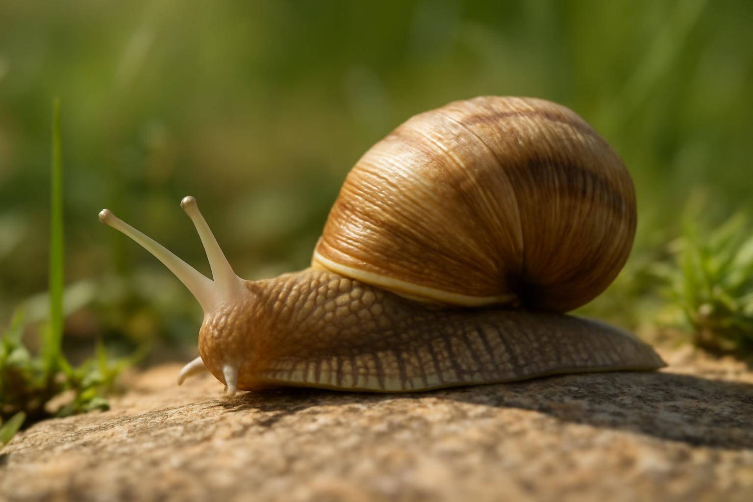 Egy csiga pihen a fűben, miközben barátot keres az erdőben.