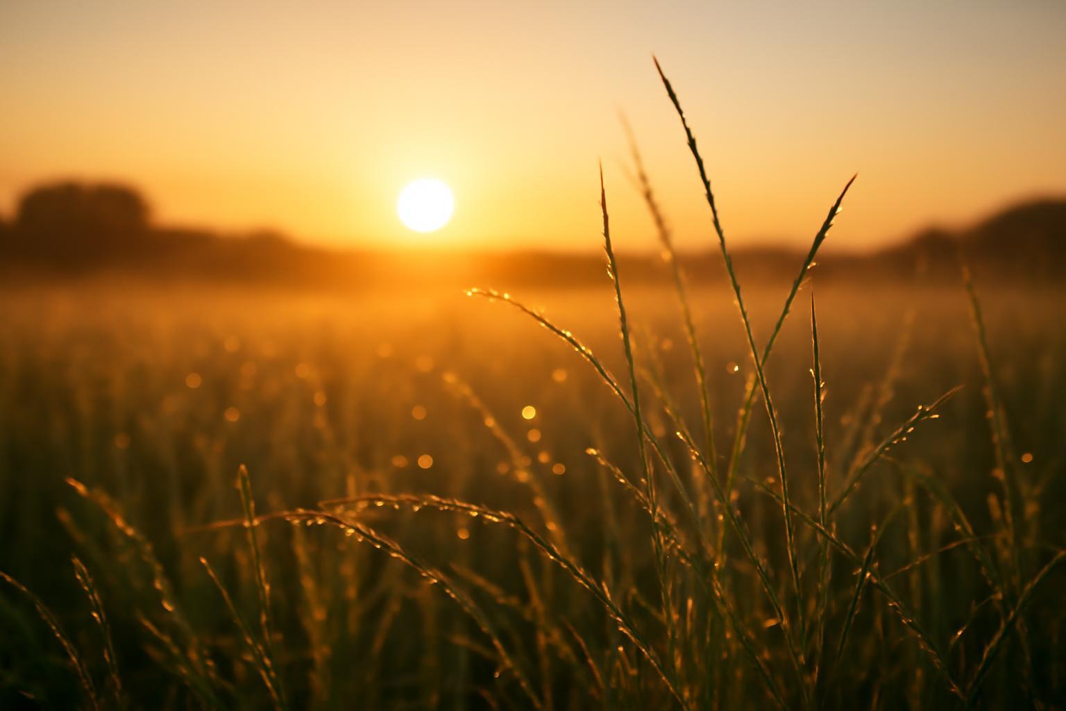 A naplemente fényei a harmatos fűszálakon csillognak, varázslatos hangulatot teremtve.