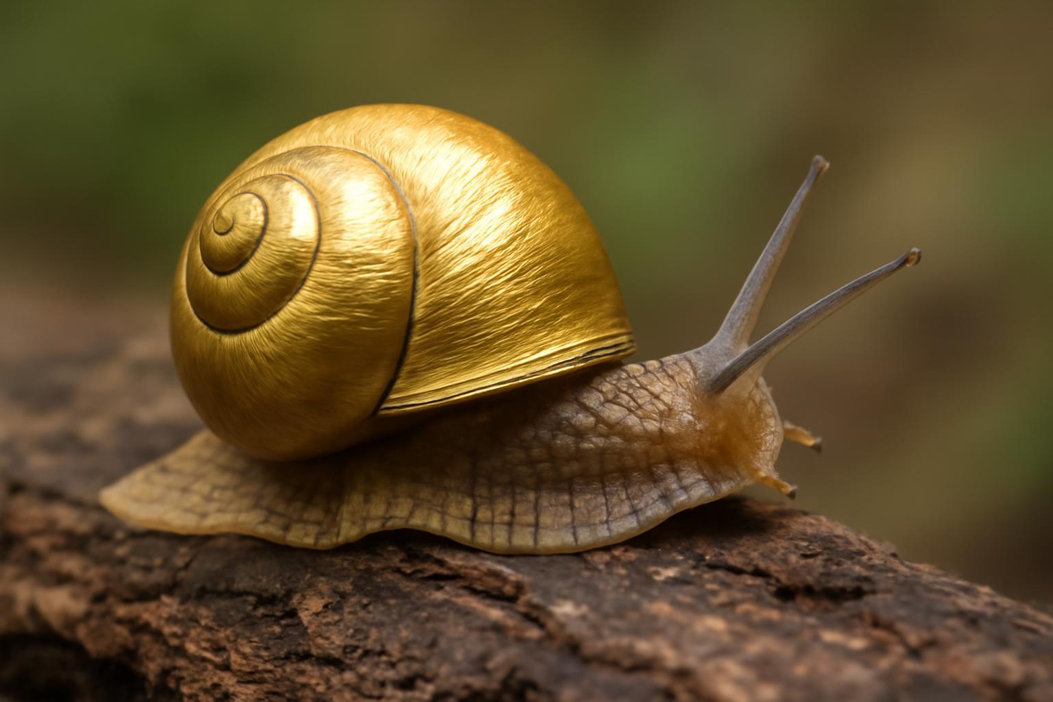 Egy aranyházikós csiga, arany színű házzal, fán pihenve.