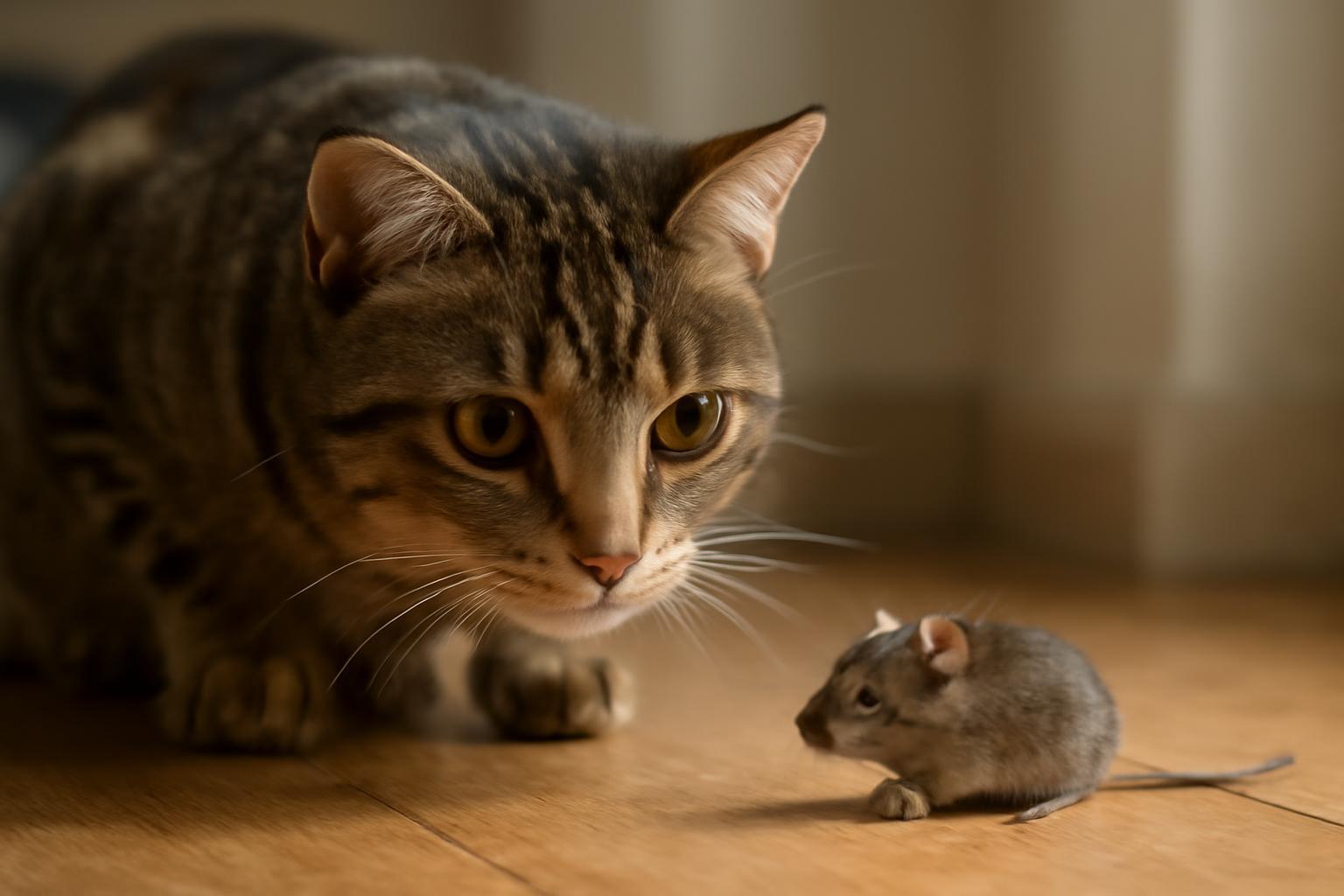 Cirmos, a kíváncsi kandúr, és egy apró egér néznek egymásra izgatottan.