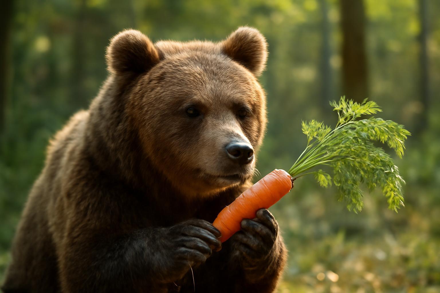 Egy maci tart egy nagy, friss répát az erdőben, csodálkozva nézve.