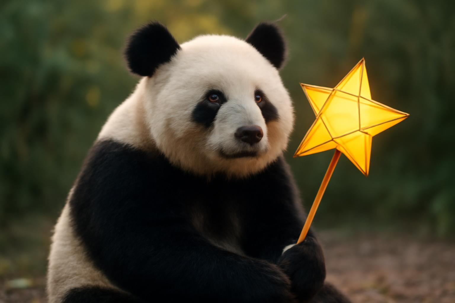 Egy panda ül, kezében egy csillag alakú lámpással, az erdőben.