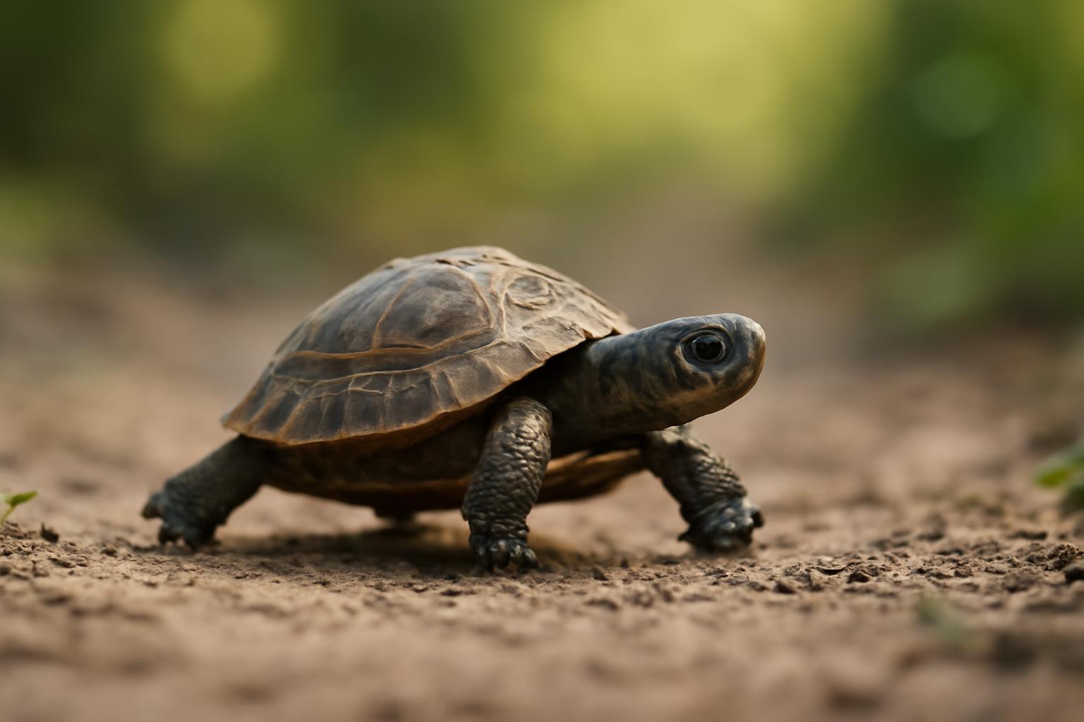 Egy kis teknős sétál a földön, felfedezve az őt körülvevő természetet.