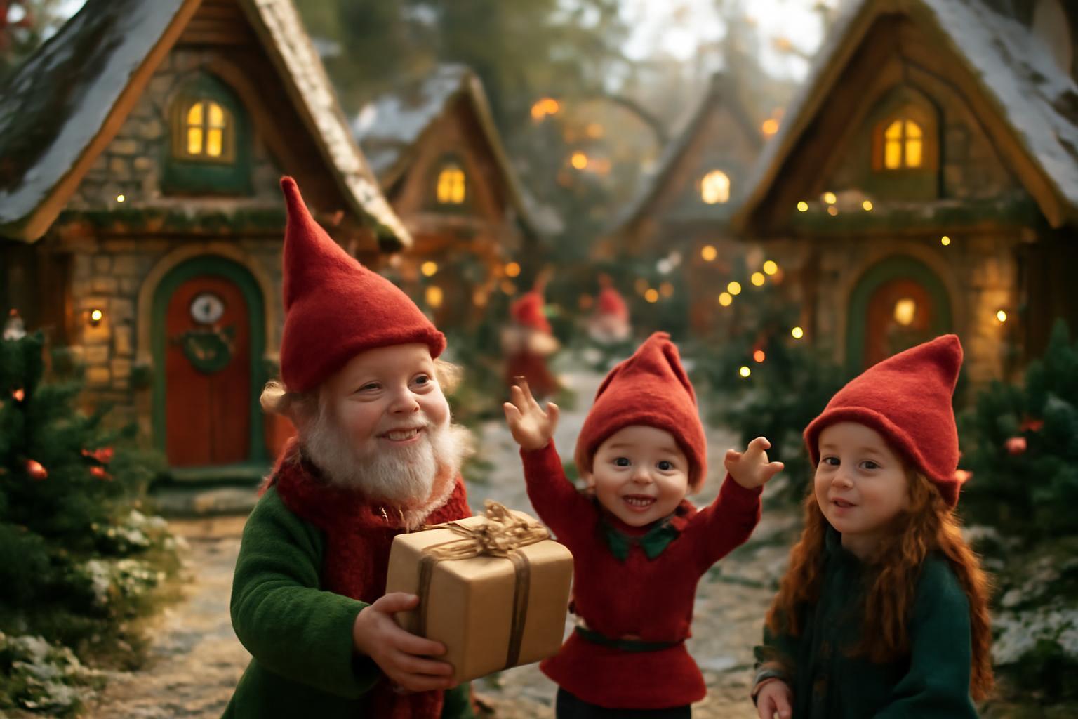Két vidám manógyerek ünnepi díszítés közben, ajándékot tartanak.