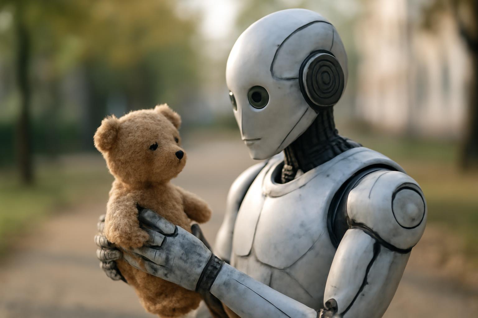 Egy robot tart a kezében egy plüss macit, miközben a parkban áll.