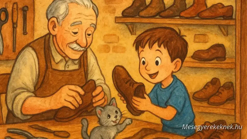 A cipész és a kisfiú – színes, rajzolt mesekönyv-illusztráció