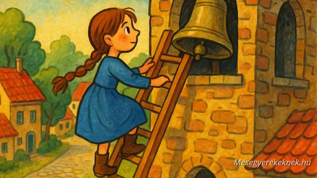 Lili, a young Hungarian village girl, climbing an old bell tower ladder to reach the large bronze bell on a sunny afternoon in a quaint rural village.
