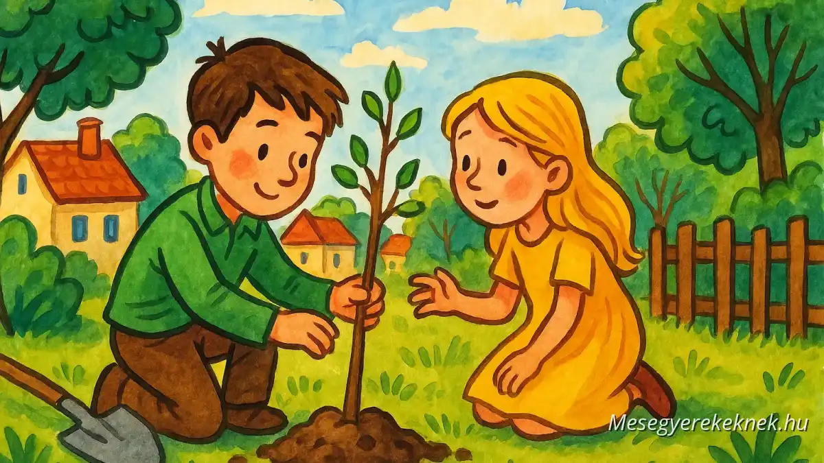 Young boy and girl planting a tree sapling together in a sunny village garden, illustrated as a colorful children's book scene.