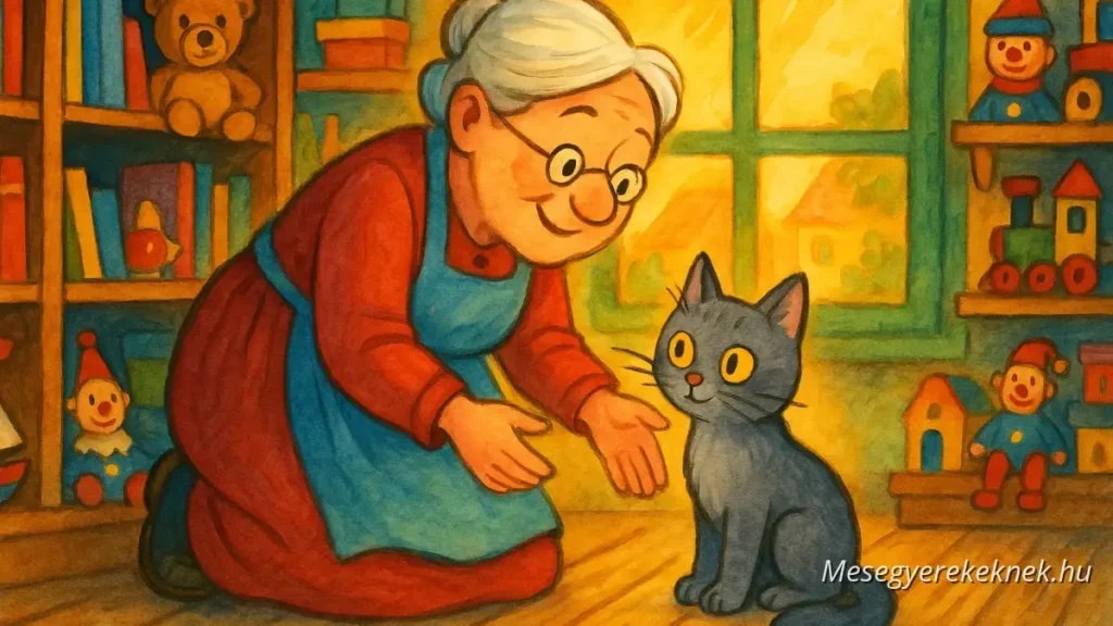 An elderly woman and a small grey cat inside a cozy village shop filled with books and toys, bathed in warm golden light.