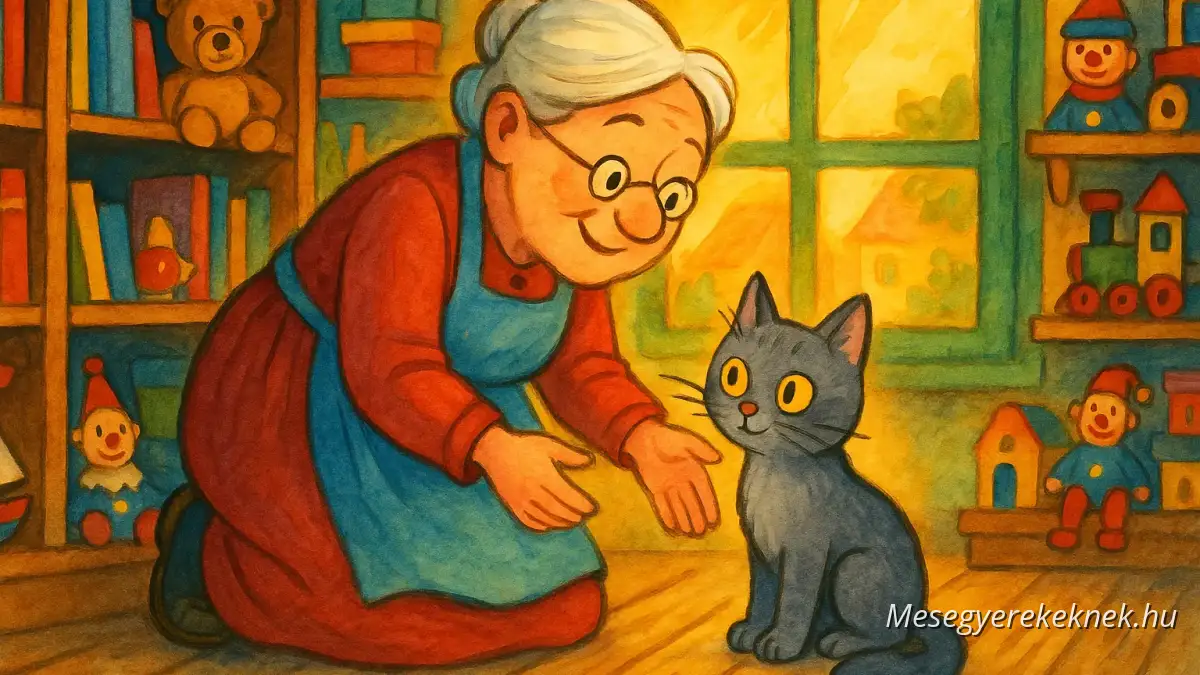 An elderly woman and a small grey cat inside a cozy village shop filled with books and toys, bathed in warm golden light.