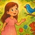 A lány, aki szeretett kérdezni – színes, rajzolt mesekönyv-illusztráció