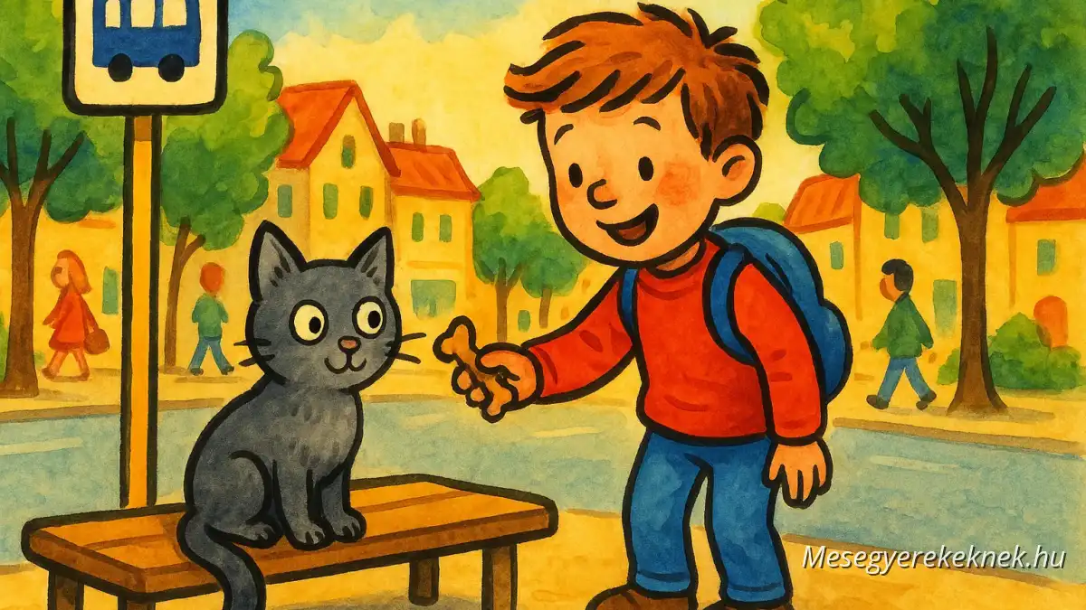 A macska a buszmegállóban – színes, rajzolt mesekönyv-illusztráció
