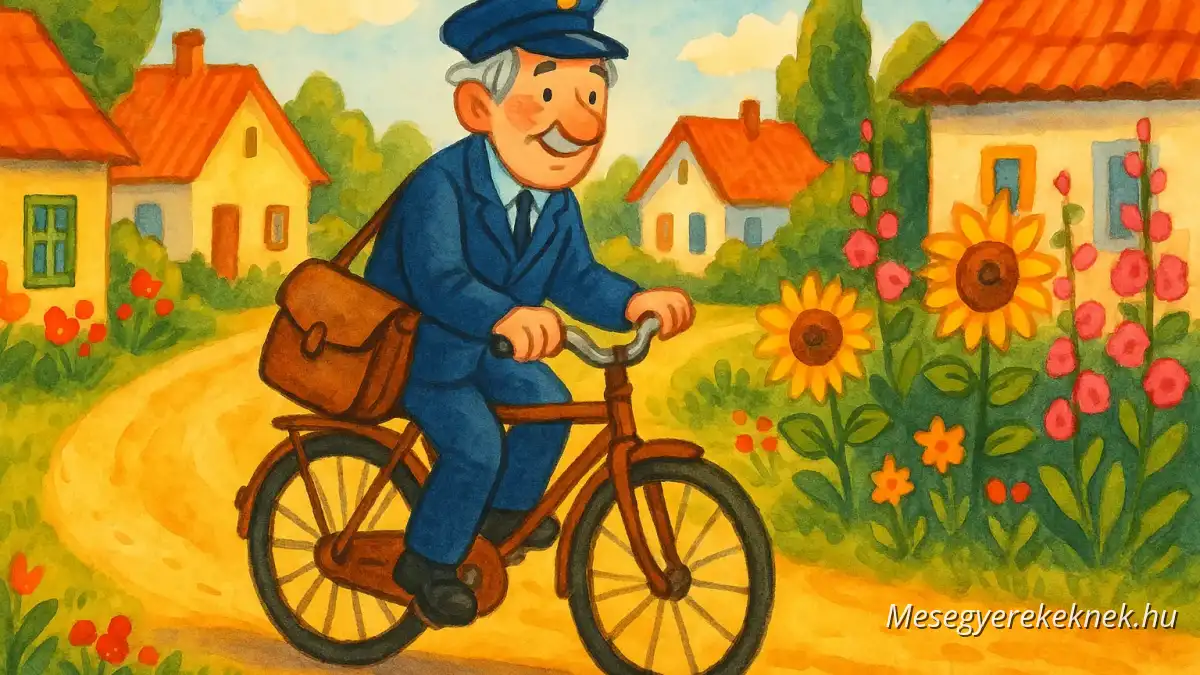 Elderly postman on bicycle delivering letters in a peaceful sunny village street, classic children's book illustration.