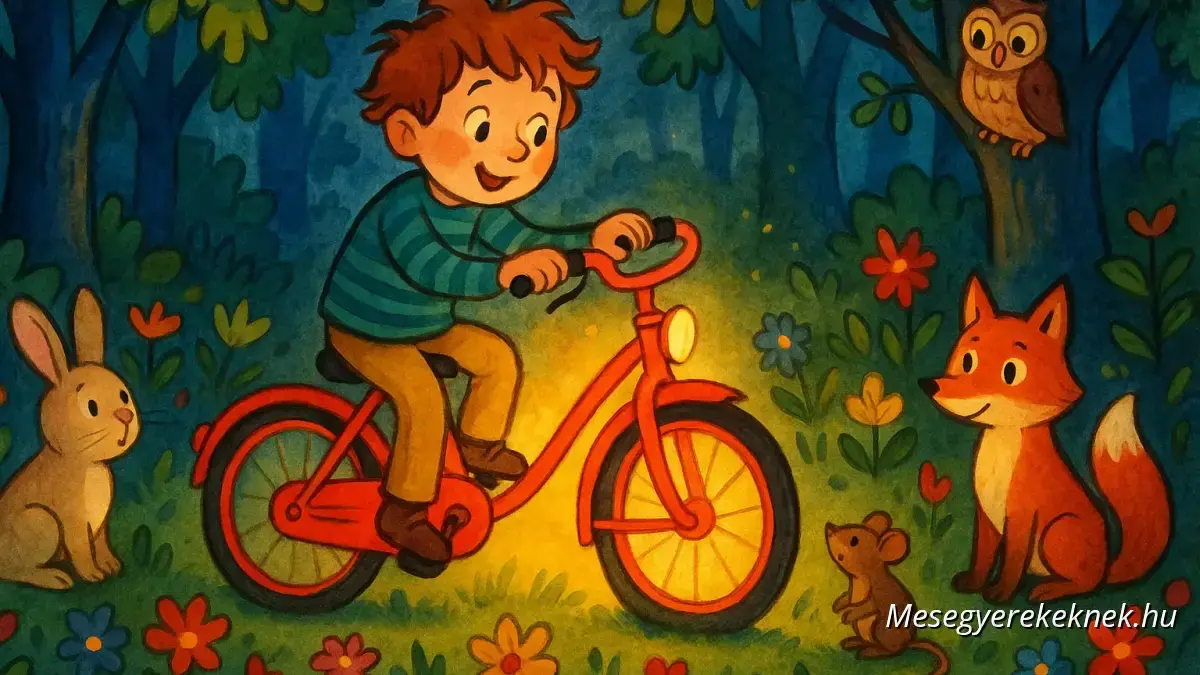 A glowing red bicycle in a magical forest clearing with animals around, classic children's book illustration