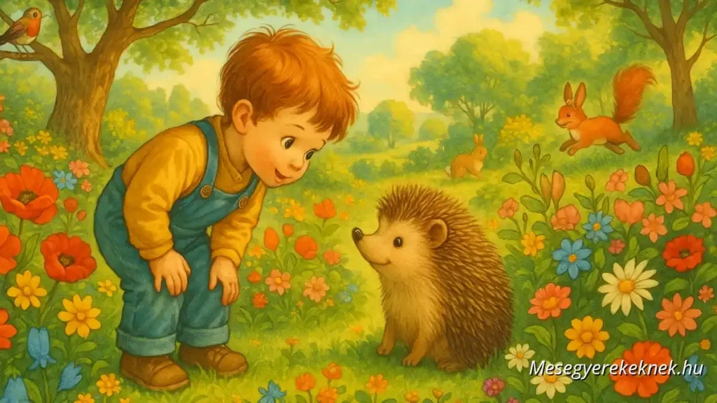 Little boy and hedgehog exploring a magical garden full of flowers and trees