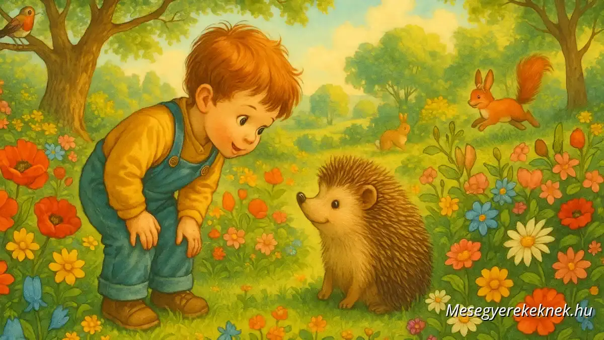 Little boy and hedgehog exploring a magical garden full of flowers and trees