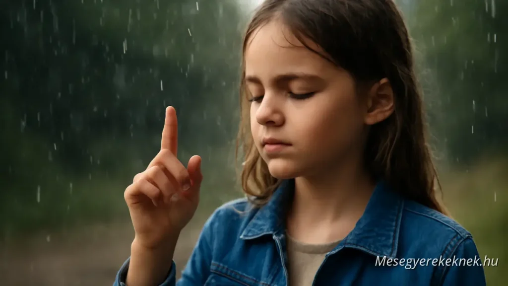 A girl counting raindrops surrounded by a frog, squirrel, and snail in a vibrant garden on a rainy day, illustrated in a classic children's book style.
