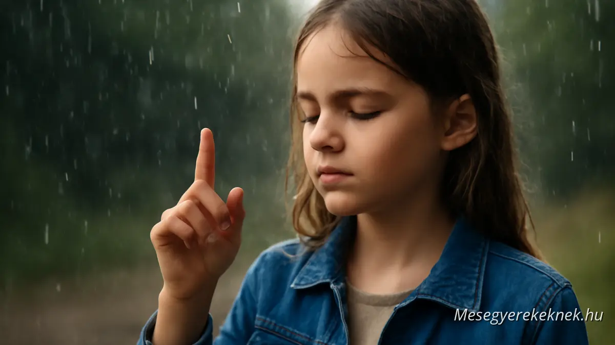 A girl counting raindrops surrounded by a frog, squirrel, and snail in a vibrant garden on a rainy day, illustrated in a classic children's book style.
