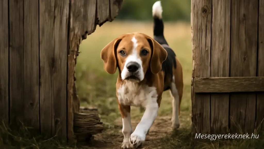 A brown dog playing near an old oak tree and a small doghouse with children gathered around a campfire in a meadow