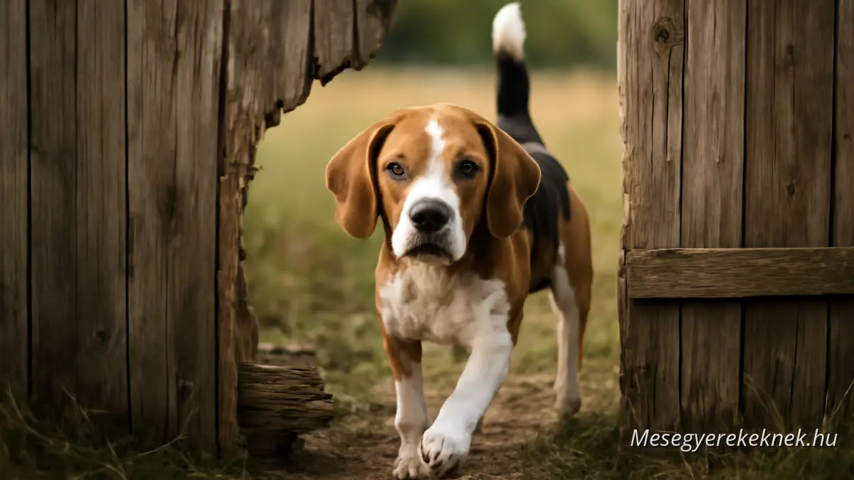 A brown dog playing near an old oak tree and a small doghouse with children gathered around a campfire in a meadow